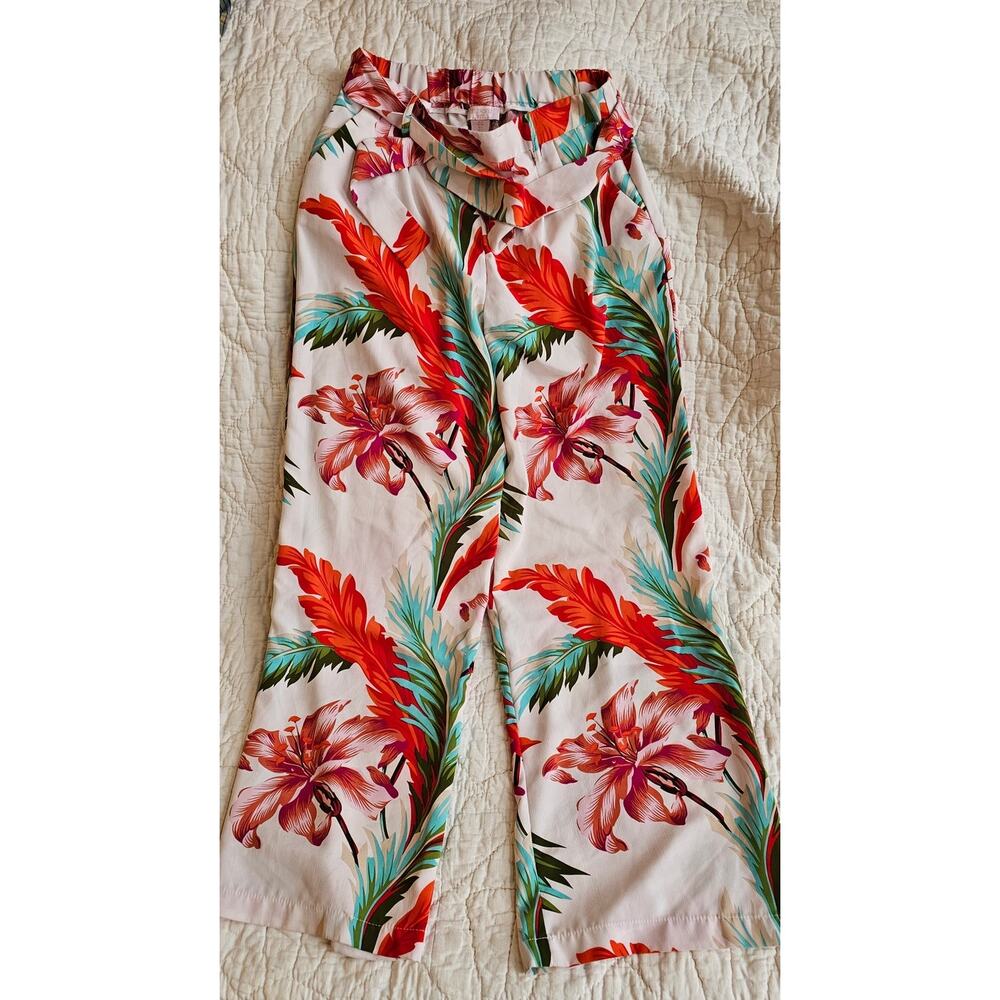 St. Tropez West High Waisted Tropical Wide Leg Pants Women Size S 26‎ 28 Palazzo